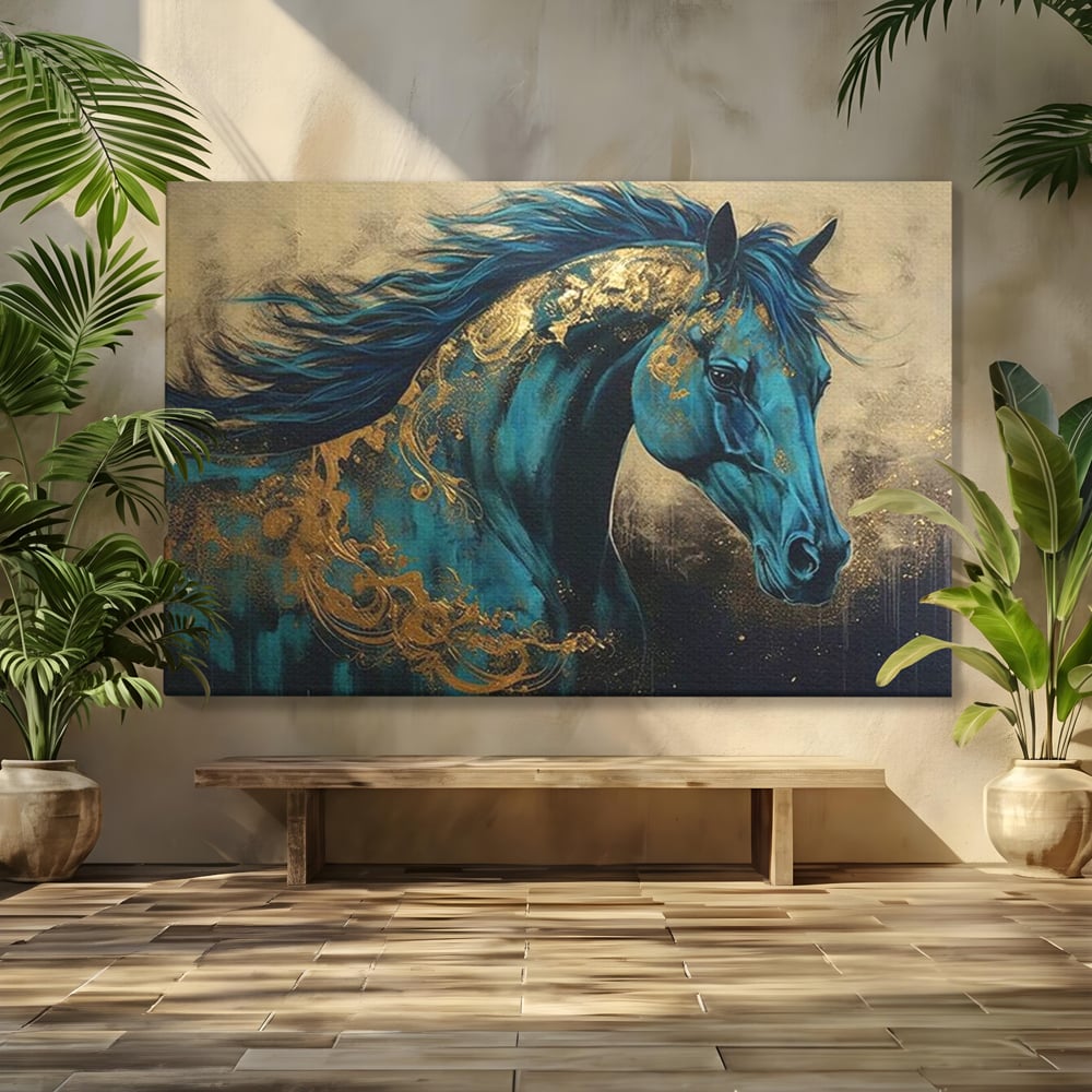 Tablou canvas cu tablou canvas cu cal albastru si auriu, fara rama, pe sasiu de lemn